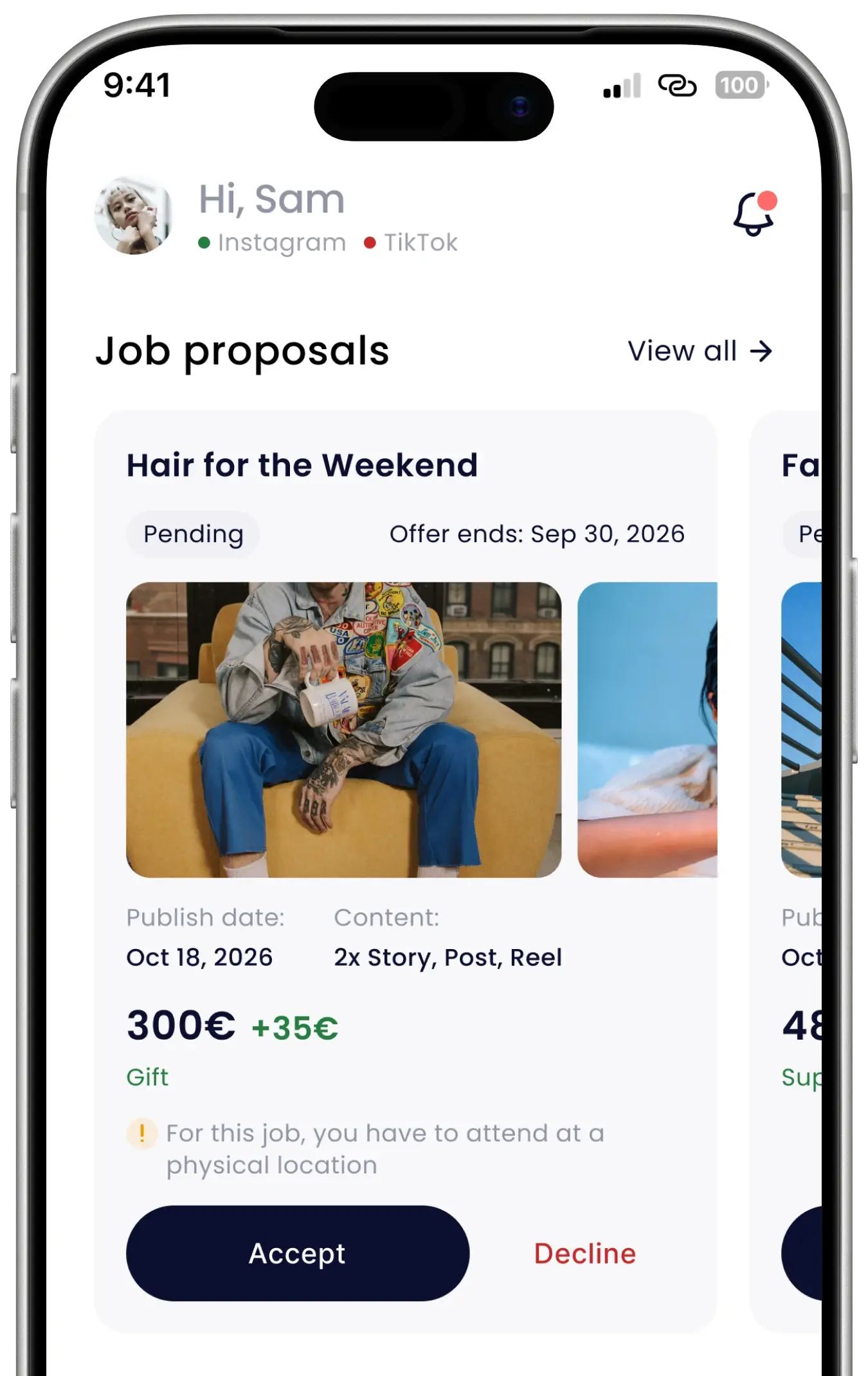 The Hypefy influencer app showing a job proposal with the publish date, the content to post, the fee, and Accept and Decline buttons