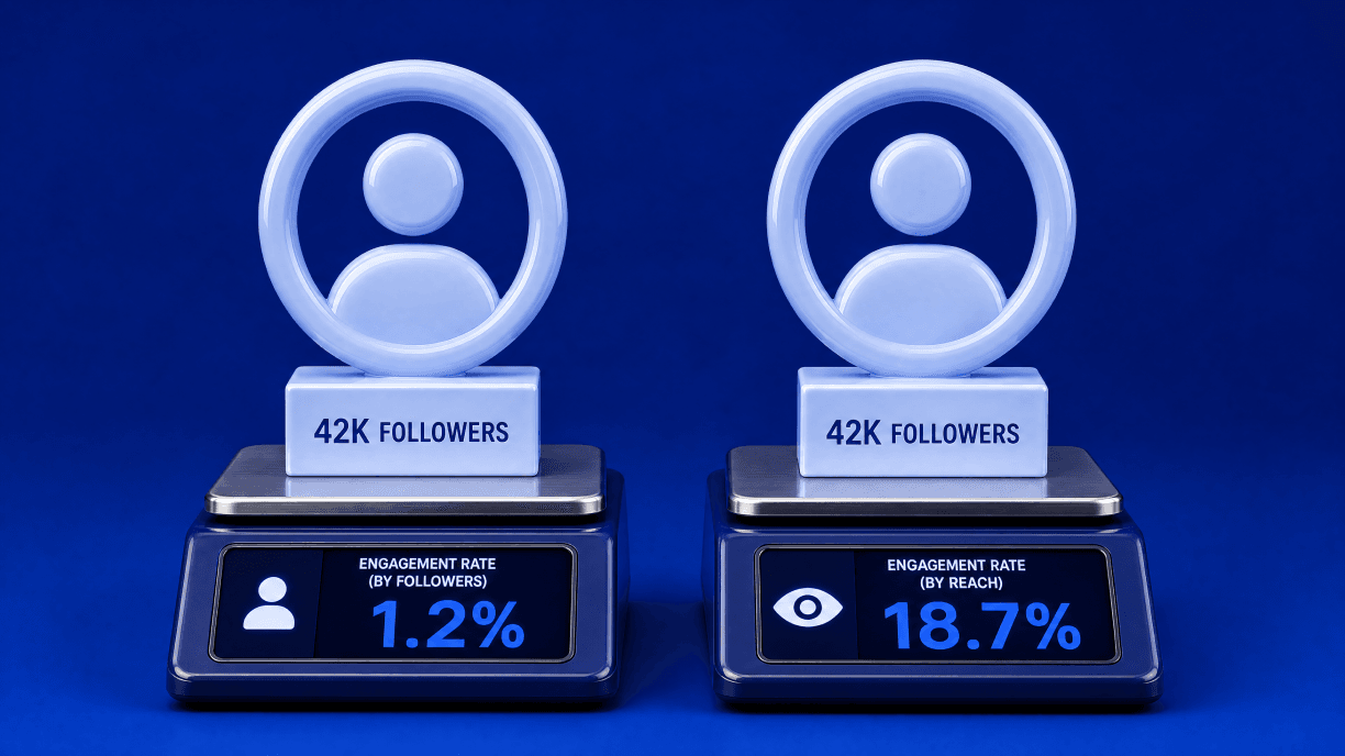 Two social media engagement rate scales for accounts with 42K followers, showing 1.2% engagement by followers and 18.7% by reach.