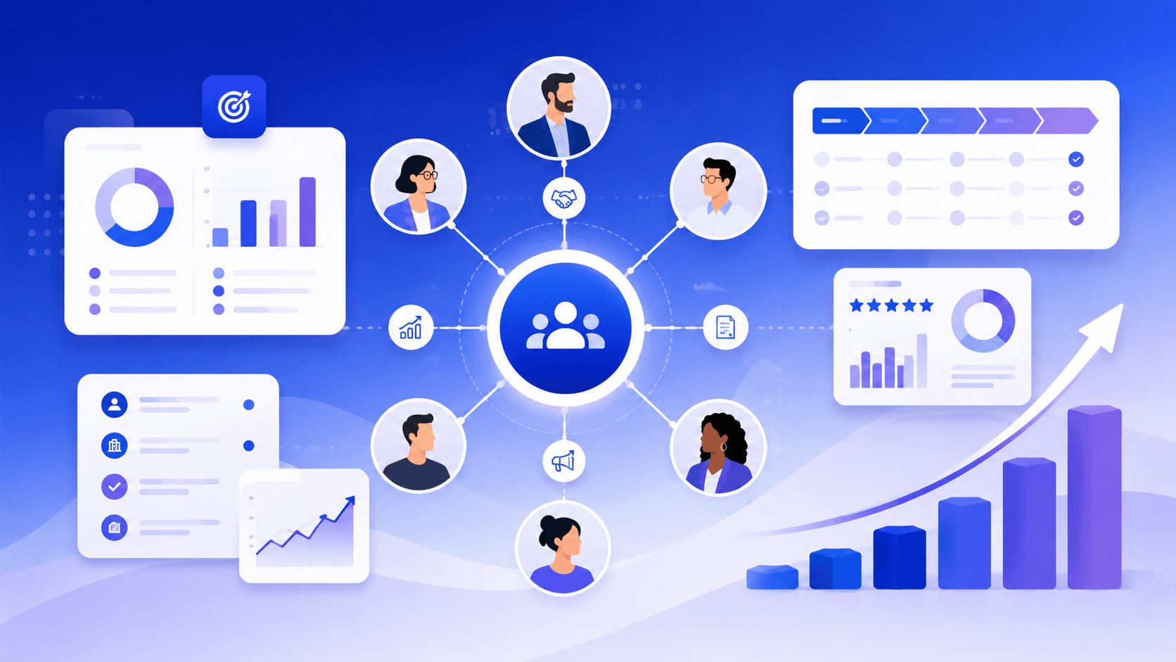 Illustration of a B2B influencer marketing strategy showing connected creators, analytics dashboards, workflow elements, and growth charts in Hypefy brand colors.
