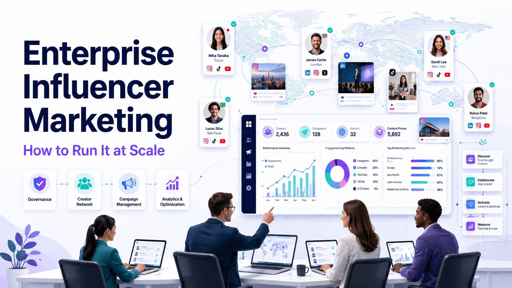 Enterprise influencer marketing dashboard showing creator profiles, campaign analytics, and a global team managing campaigns at scale.