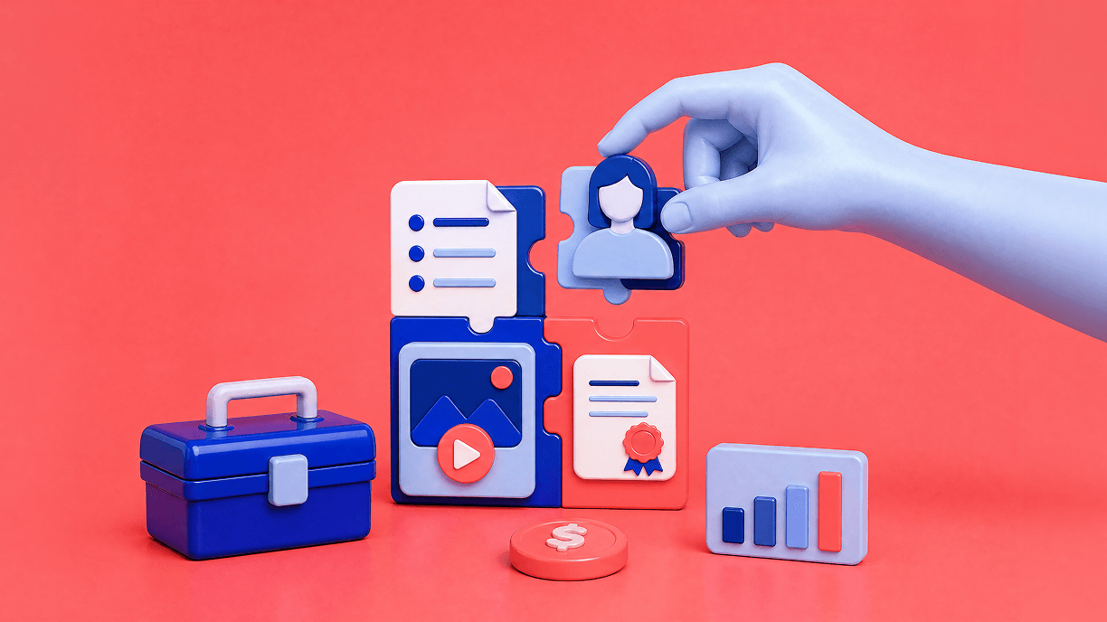 Hand selecting a creator profile from a visual comparison of influencer marketing services, campaign assets, budgets, and performance metrics.