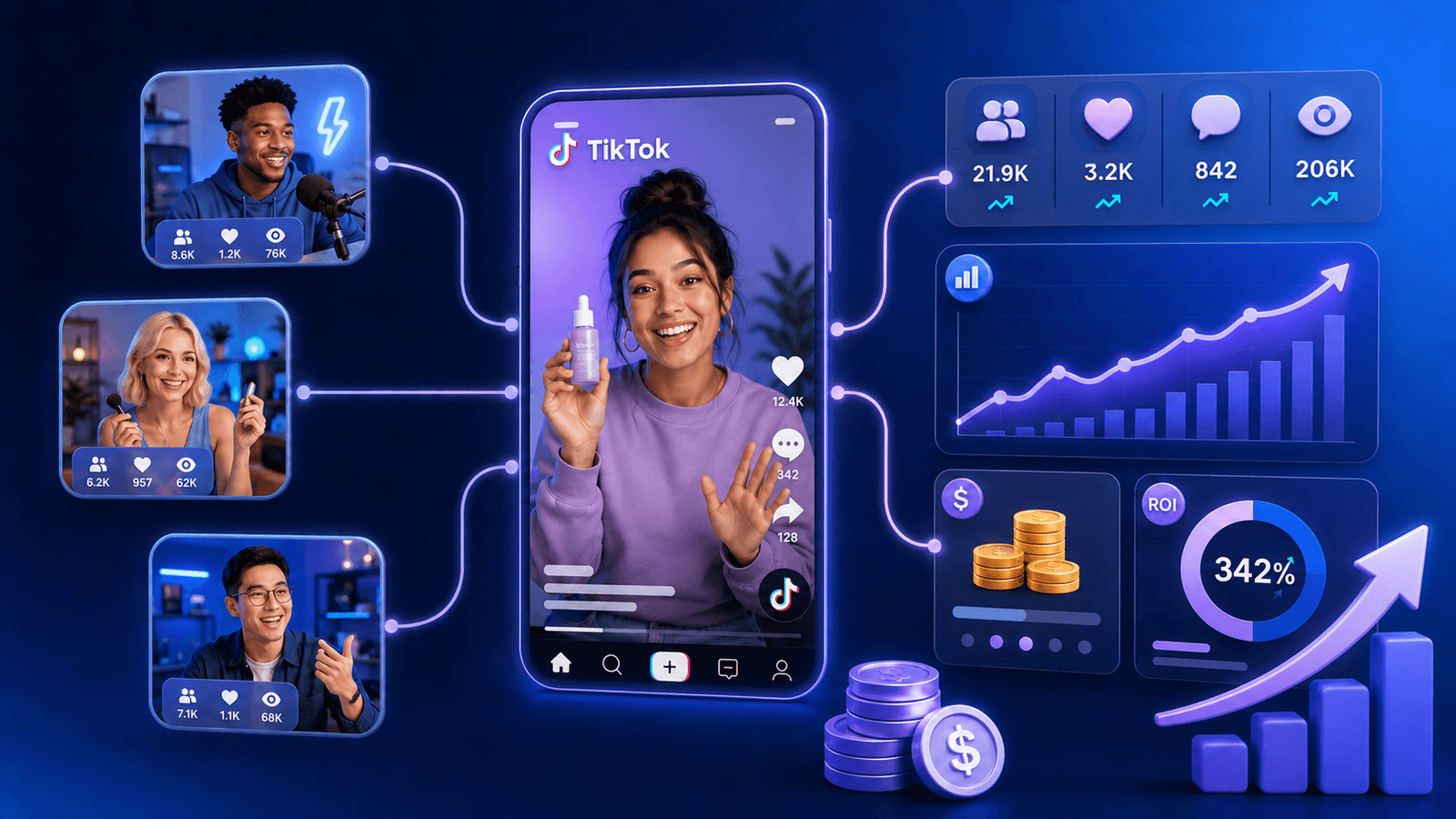 TikTok influencer marketing visual featuring creators, short-form video content, engagement metrics, campaign costs, and ROI growth.