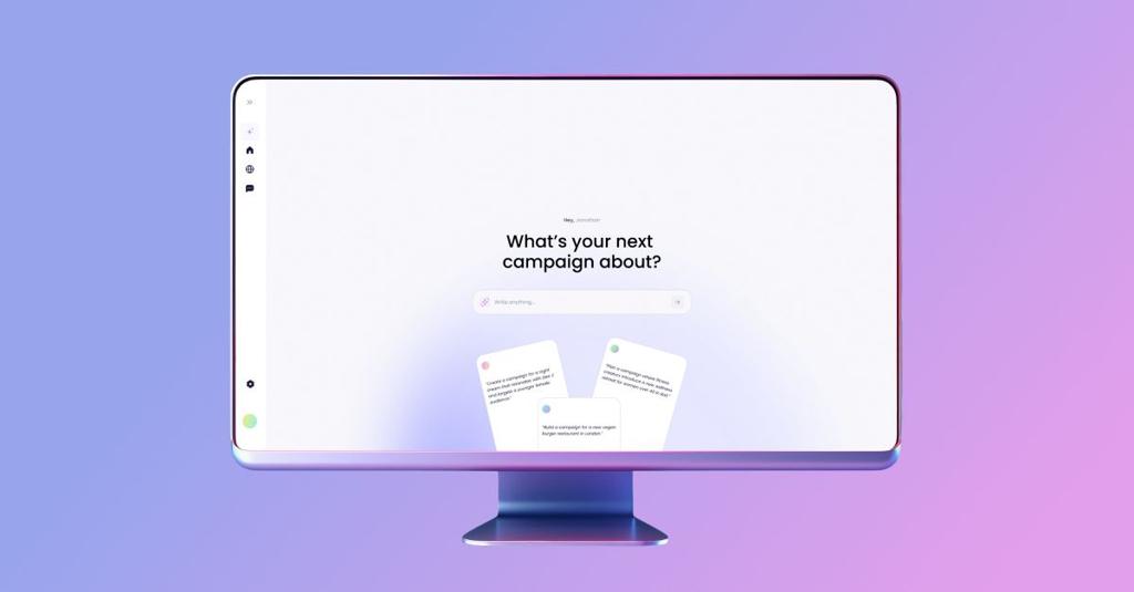 Hypefy AI Campaign Builder start screen on a desktop monitor asking What's your next campaign about?, with suggested prompts below
