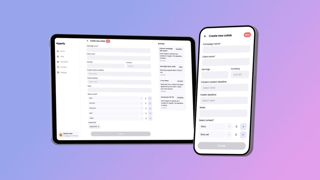 Hypefy for Creators Create new collab form for logging an external brand collaboration, on a tablet and a phone