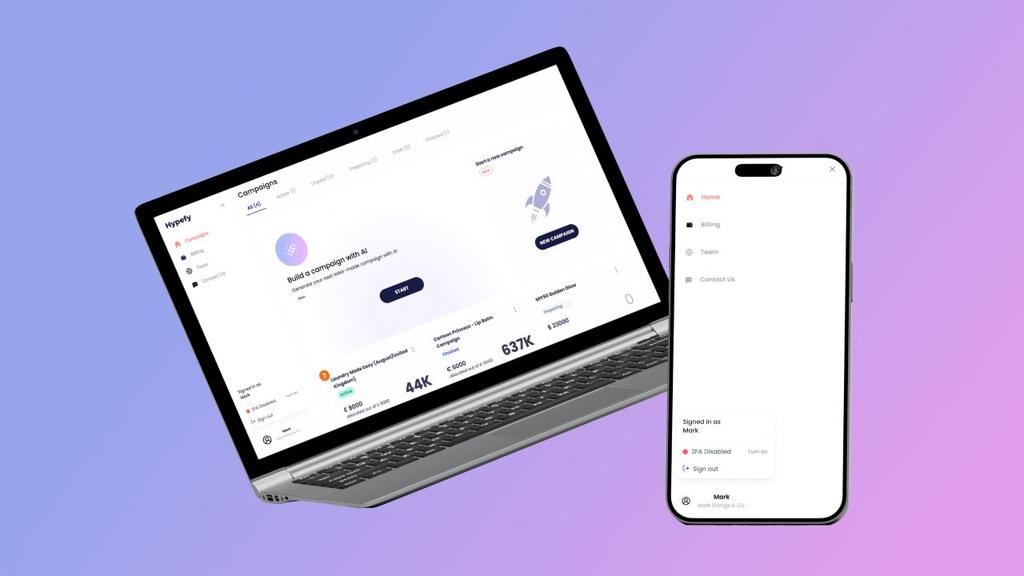 Hypefy platform on a laptop and a phone, with multi-factor authentication (2FA) enabled in the account menu