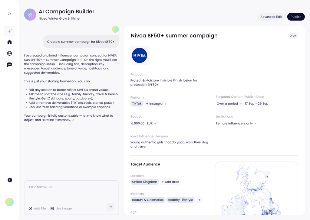 Hypefy AI Campaign Builder drafting a NIVEA SPF 50+ summer campaign: product, TikTok and Instagram, 6,000 EUR budget, influencer persona and target audience