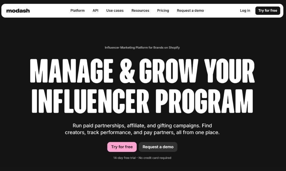 Modash homepage hero on a black background with bold display type reading Manage and Grow Your Influencer Program, plus Try for free and Request a demo buttons.