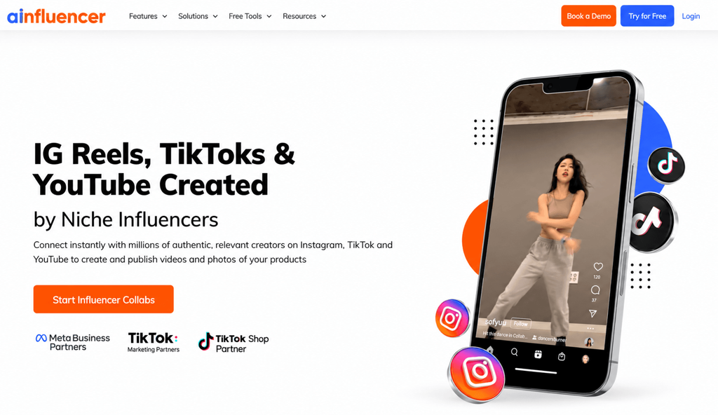 Ainfluencer homepage promoting niche influencer videos for Instagram Reels, TikTok, and YouTube, shown on a phone mockup.
