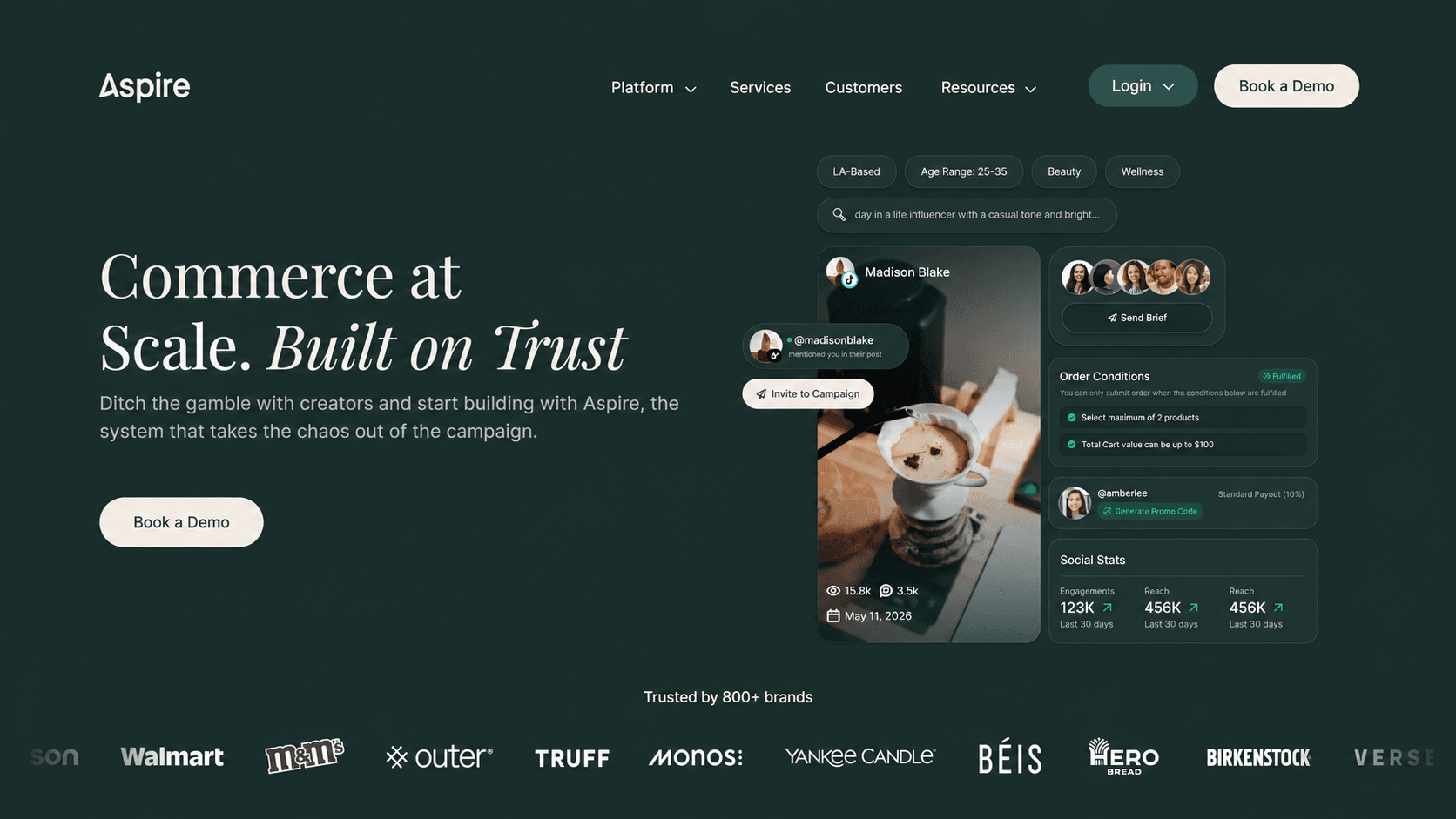 Aspire homepage showing its influencer marketing platform, with a creator post, campaign management tools, social performance stats, and customer logos.