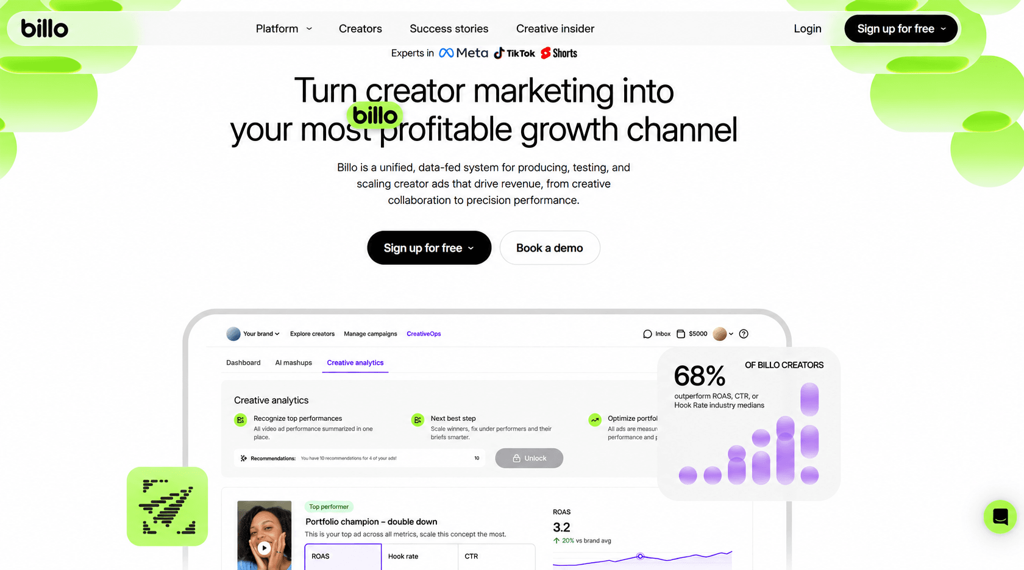 billo-influencer-marketing-platform-homepage.png Billo homepage presenting creator marketing as a growth channel, with a creative analytics dashboard preview.