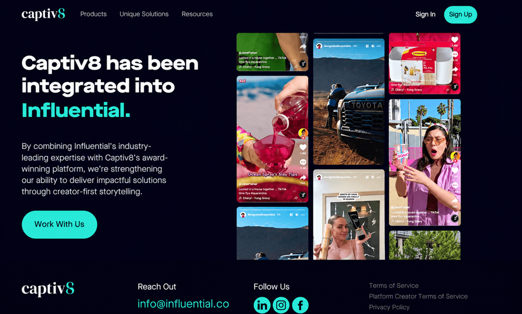 Influential homepage announcing its integration with Captiv8, with creator content previews, a “Work With Us” button, and contact links.