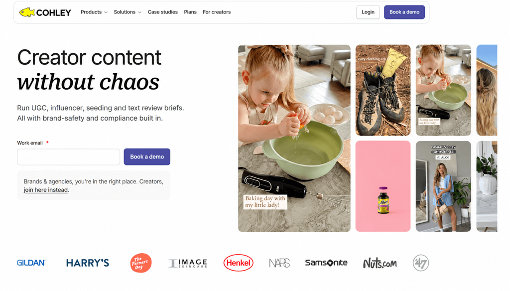 cohley-influencer-marketing-platform-homepage.png Cohley homepage promoting creator content management, with a demo form, creator examples, and client logos.