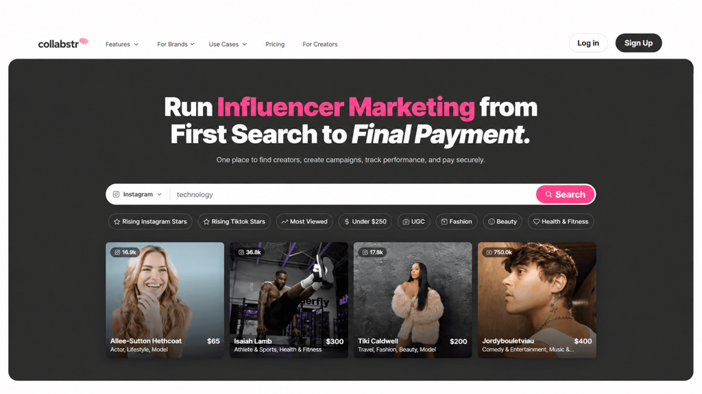 Collabstr homepage showing an influencer search bar, category filters, and creator profile cards with rates.