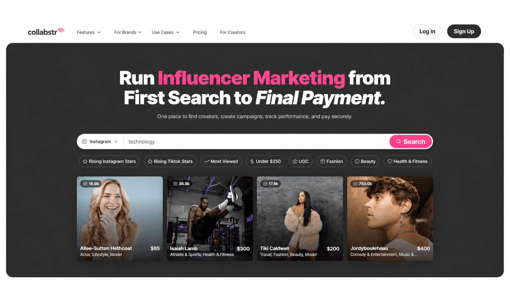Collabstr homepage showing its influencer marketing platform, creator search filters, and creator profiles with audience sizes and prices.