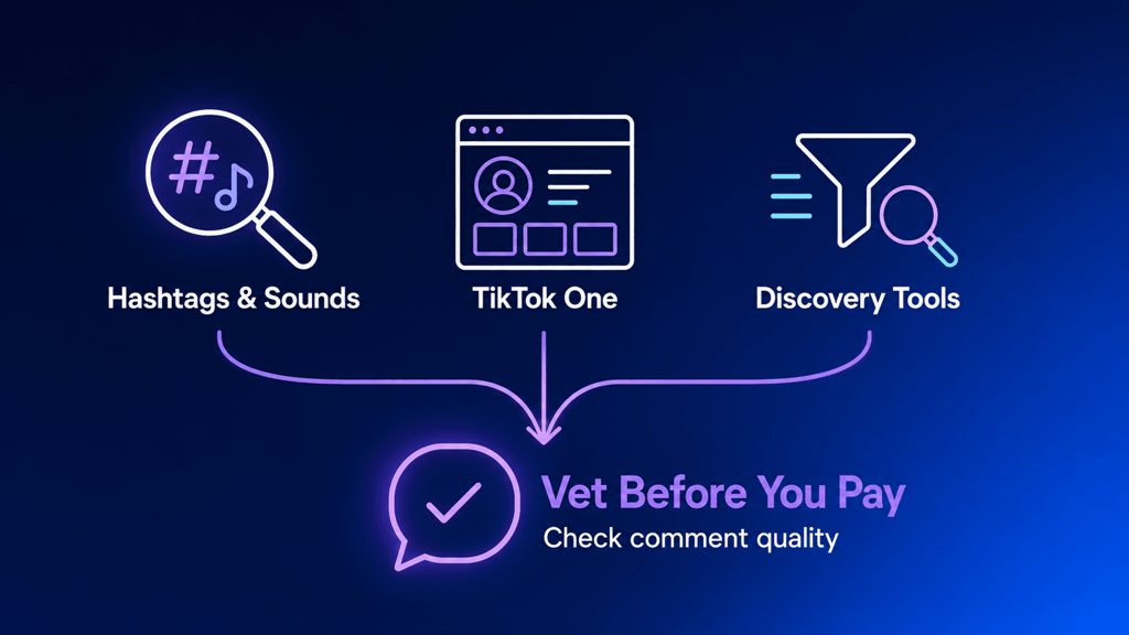 Three ways to find TikTok influencers: manual search, TikTok One, and discovery platforms, followed by an authenticity check based on comment quality.