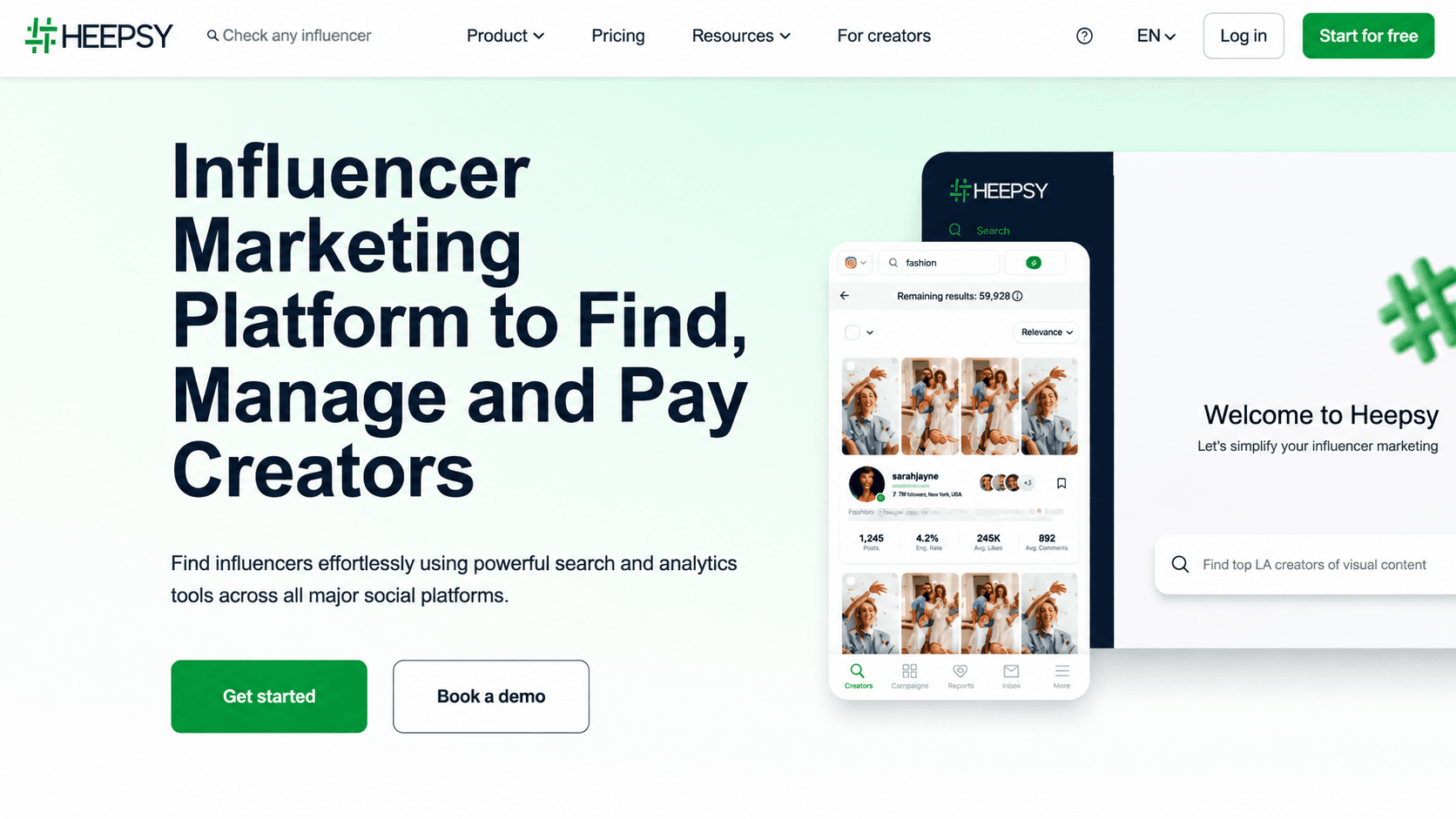 Heepsy homepage promoting its influencer marketing platform, with creator search and profile analytics displayed beside a mobile app preview.