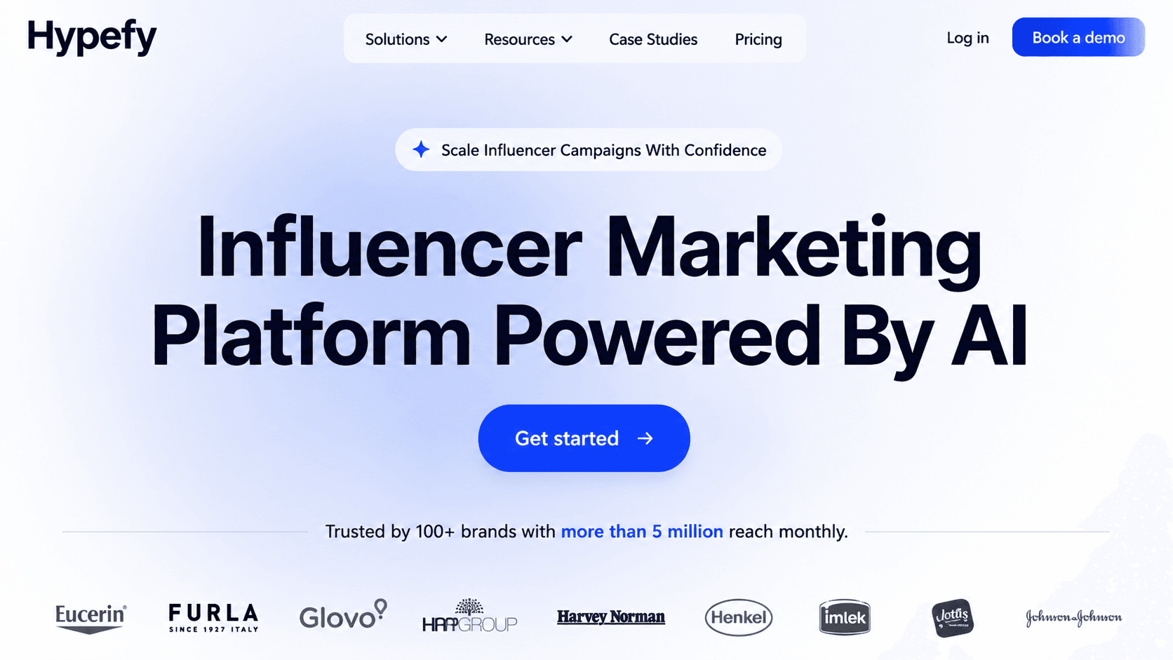 Hypefy homepage promoting its AI-powered influencer marketing platform, with a campaign scaling headline, “Get started” button, and logos of trusted brands.