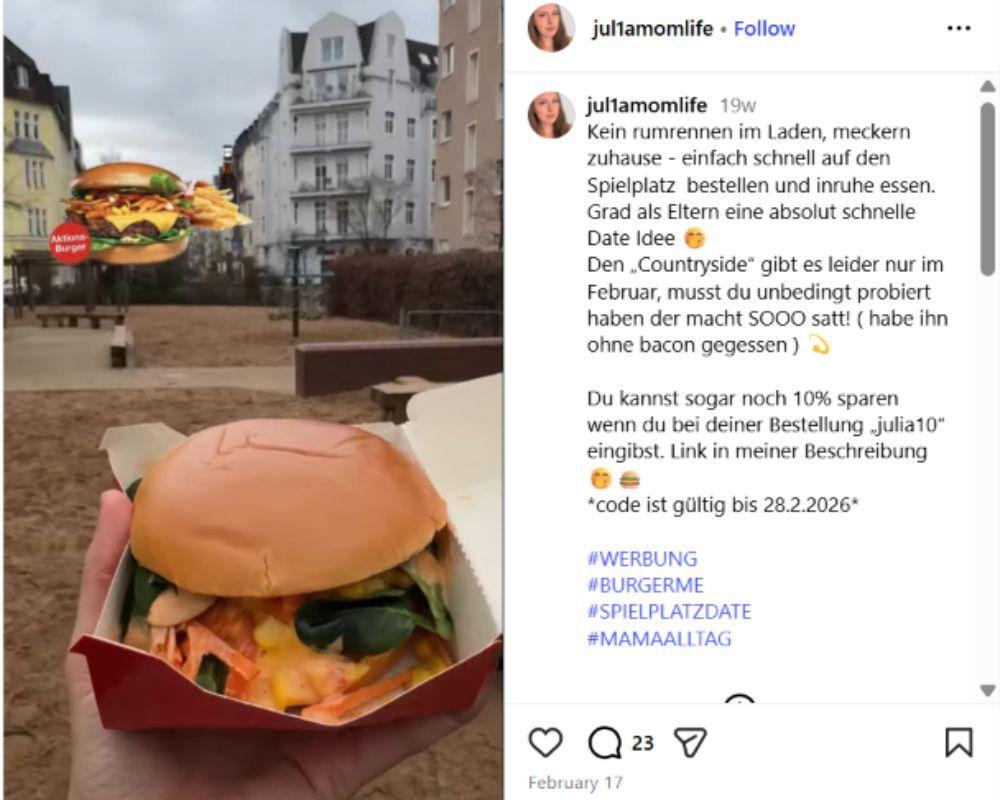 Instagram post from a burgerme influencer campaign showing a promoted burger product launch.