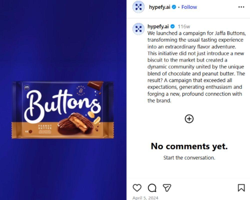 Instagram post from Hypefy showing the Jaffa Buttons product launch campaign.
