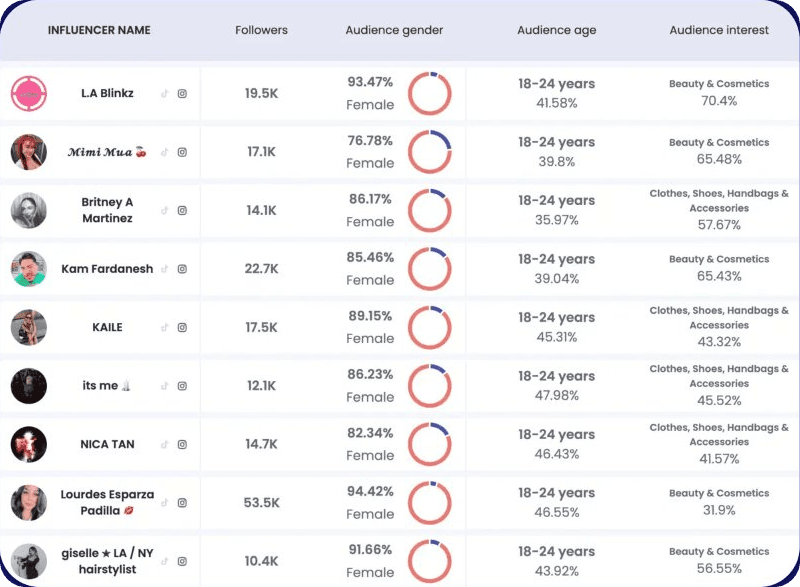 Hypefy discovery results showing creators with follower counts and audience gender, age, and interest breakdowns.
