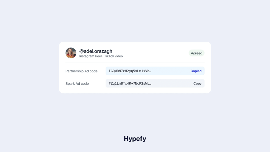 Hypefy Collabs entry for an agreed buyout showing a partnership ad code and a Spark Ads code with copy buttons.