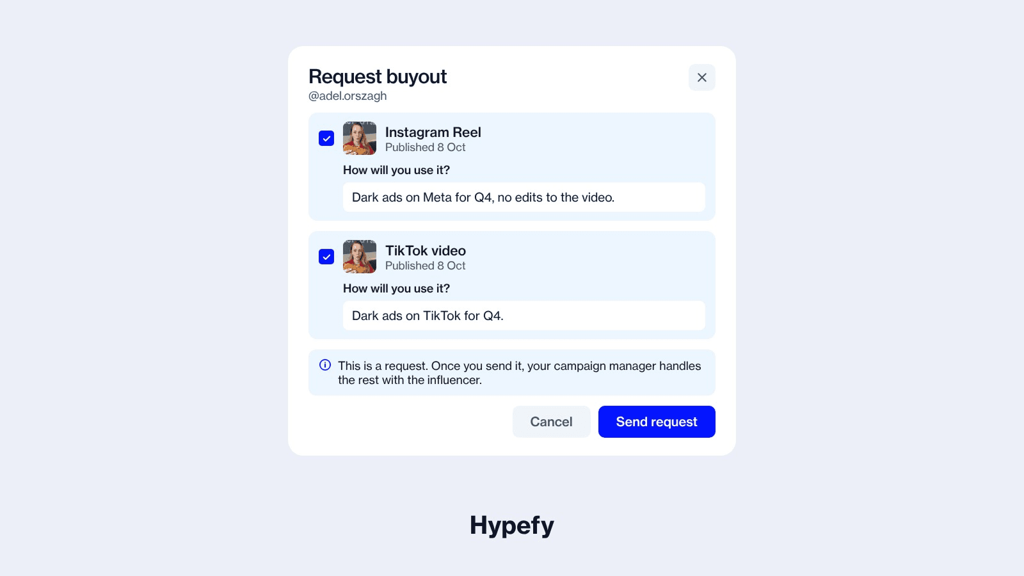Hypefy Request buyout dialog with two posts selected and a “How will you use it?” field filled in for each, above a Send request button.