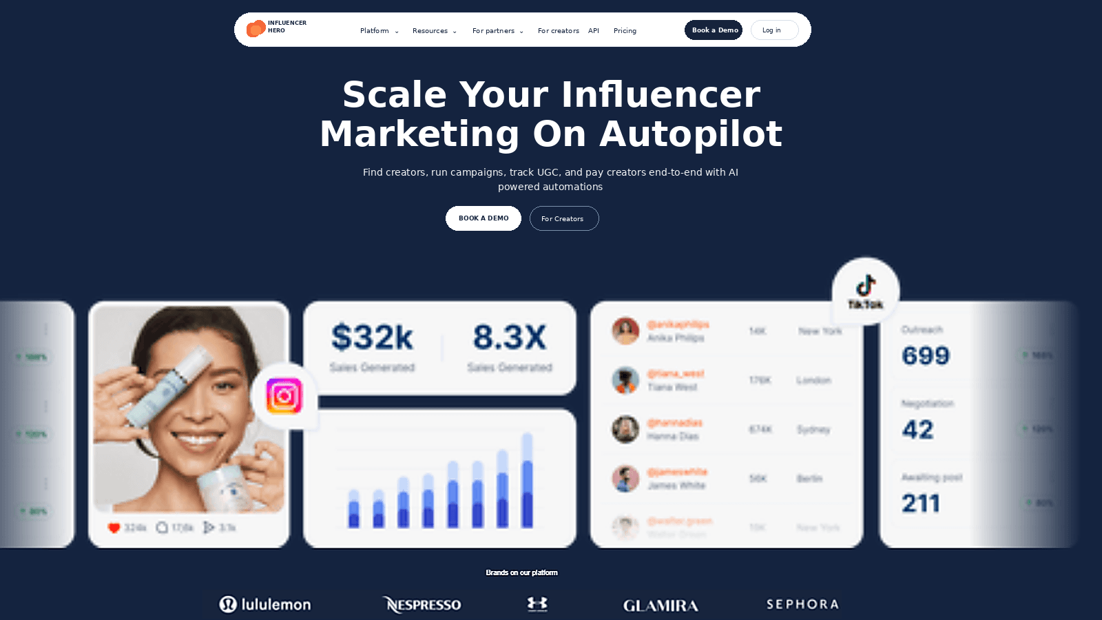 Influencer Hero homepage with the headline “Scale Your Influencer Marketing on Autopilot” and previews of creator discovery, campaign performance, sales analytics, and Instagram and TikTok integrations.