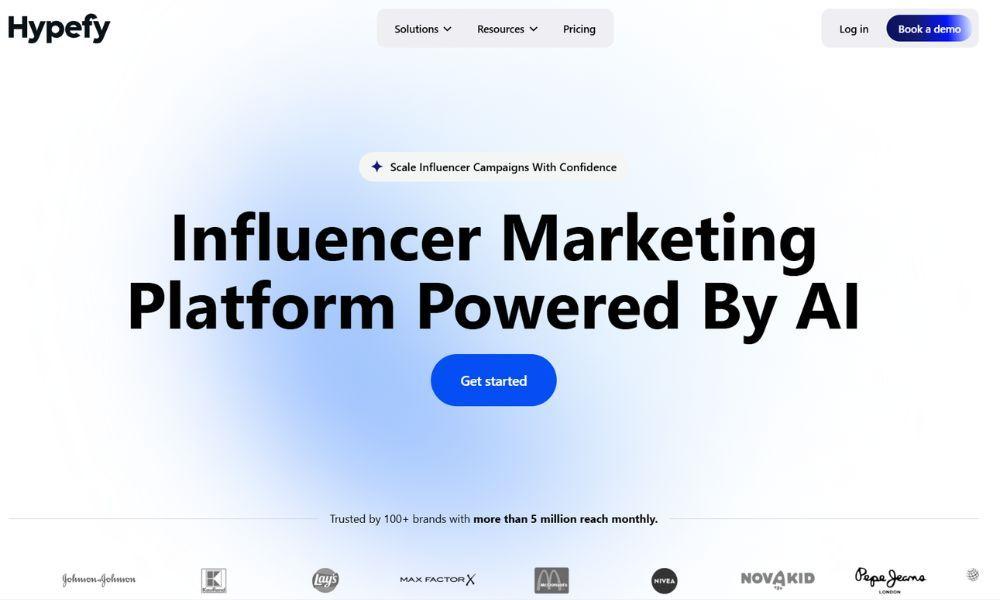 Hypefy homepage with the headline "Influencer Marketing Platform Powered By AI" and logos of brands including Johnson & Johnson, Lay's, Max Factor, McDonald's, Nivea, Novakid, and Pepe Jeans
