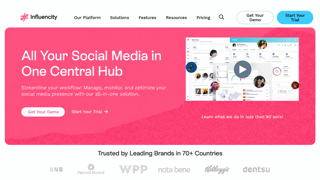 Influencity homepage with the headline “All Your Social Media in One Central Hub” and a preview of its social media analytics dashboard.