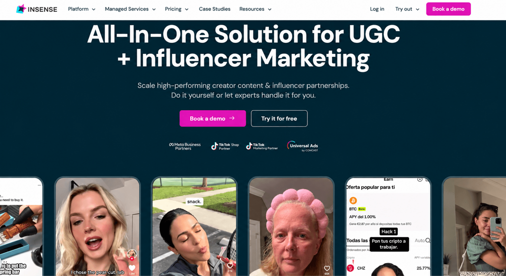 Insense homepage with the headline "All-In-One Solution for UGC + Influencer Marketing," demo buttons, and a row of creator video previews.