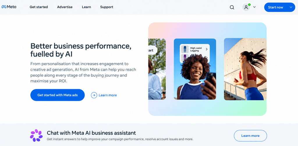 Meta homepage promoting AI-powered business performance, with creator and athlete campaign examples and a Meta AI business assistant banner.