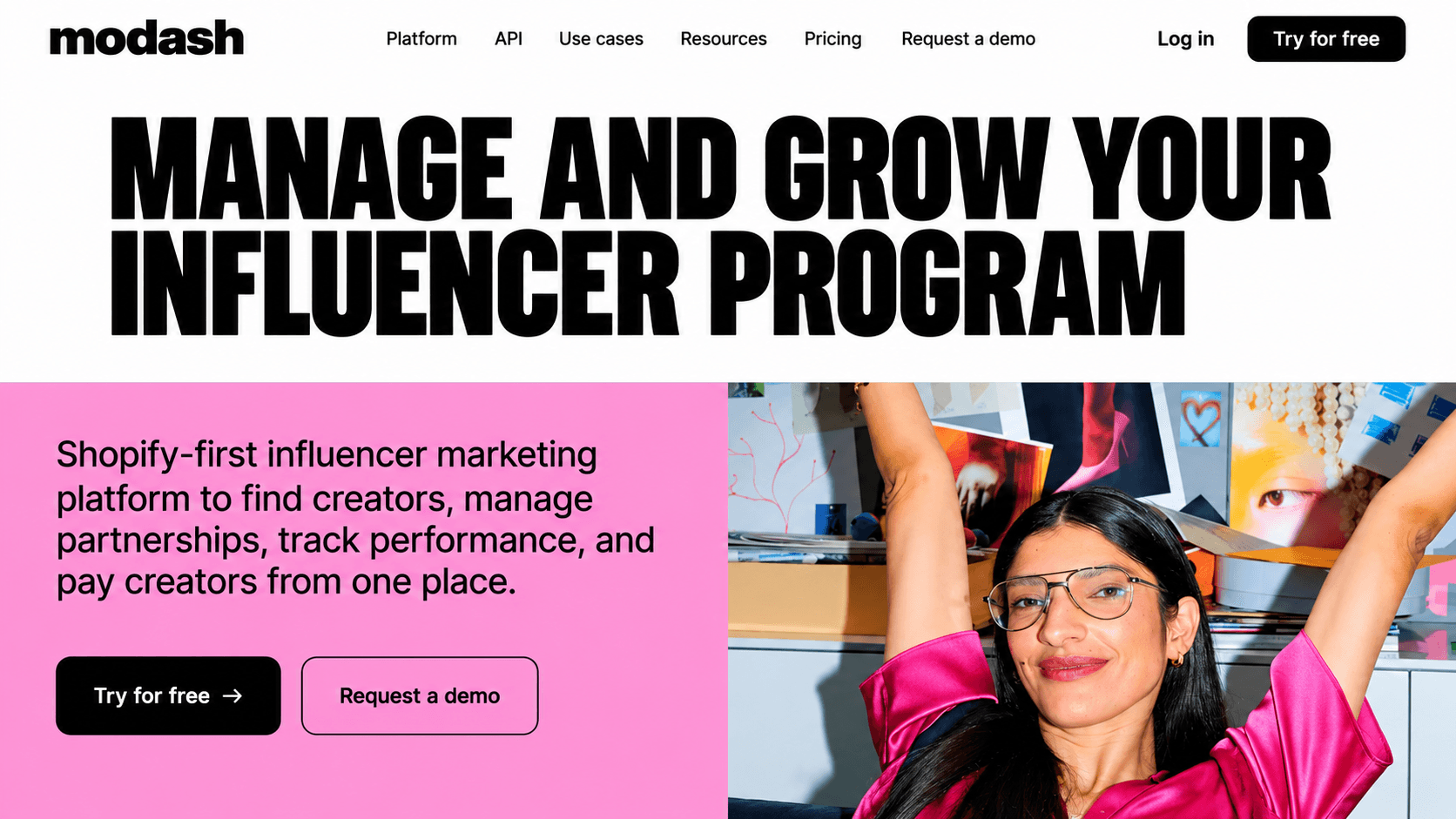 Modash homepage promoting its Shopify-first influencer marketing platform, with tools to find creators, manage partnerships, track performance, and pay creators.