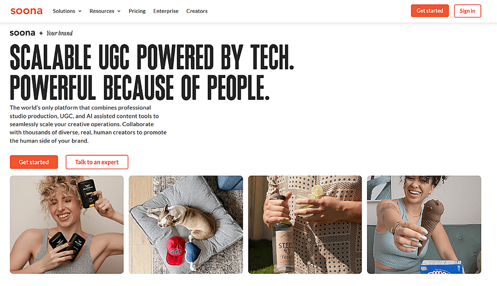 soona-influencer-marketing-platform-homepage.png Soona homepage describing its tech-enabled UGC platform, with buttons and a row of creator and product photos.