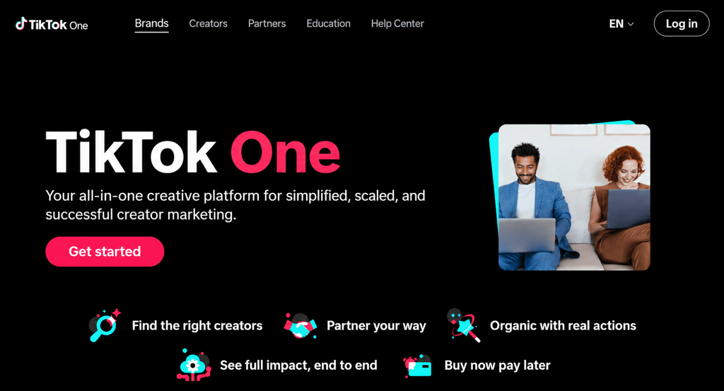 TikTok One homepage promoting its all-in-one creator marketing platform, with a “Get started” button, a photo of two people using laptops, and features for creator discovery and partnerships.