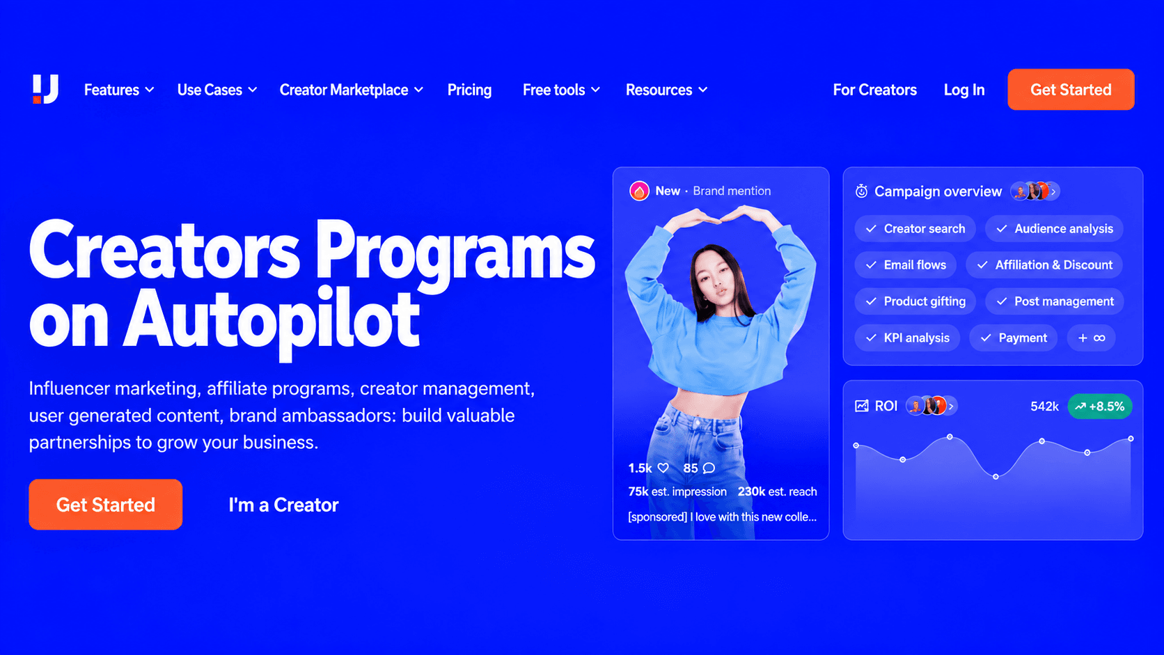 Upfluence homepage promoting automated creator programs, with a creator profile, campaign management tools, and an ROI dashboard.