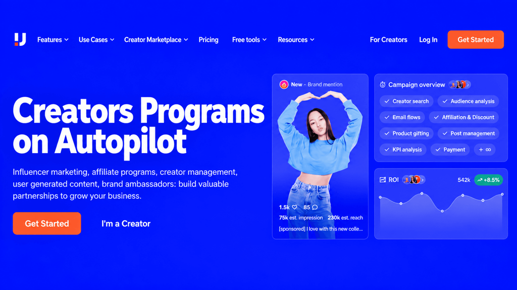 Upfluence homepage featuring “Creators Programs on Autopilot” and dashboard panels for creator search, audience analysis, campaign management, and ROI.