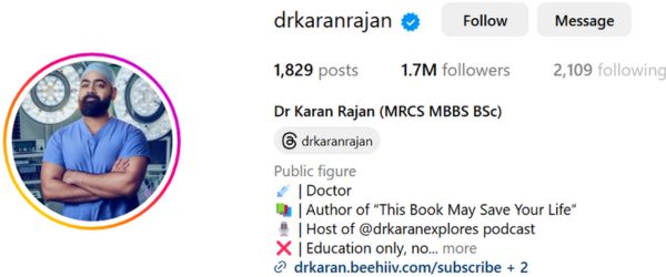 Dr Karan Rajan healthcare influencers on instagram