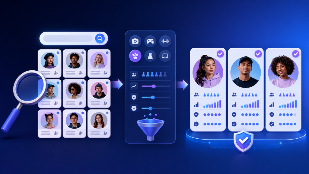 Visual showing TikTok creator discovery through niche search, audience and engagement filters, and a verified influencer shortlist.
