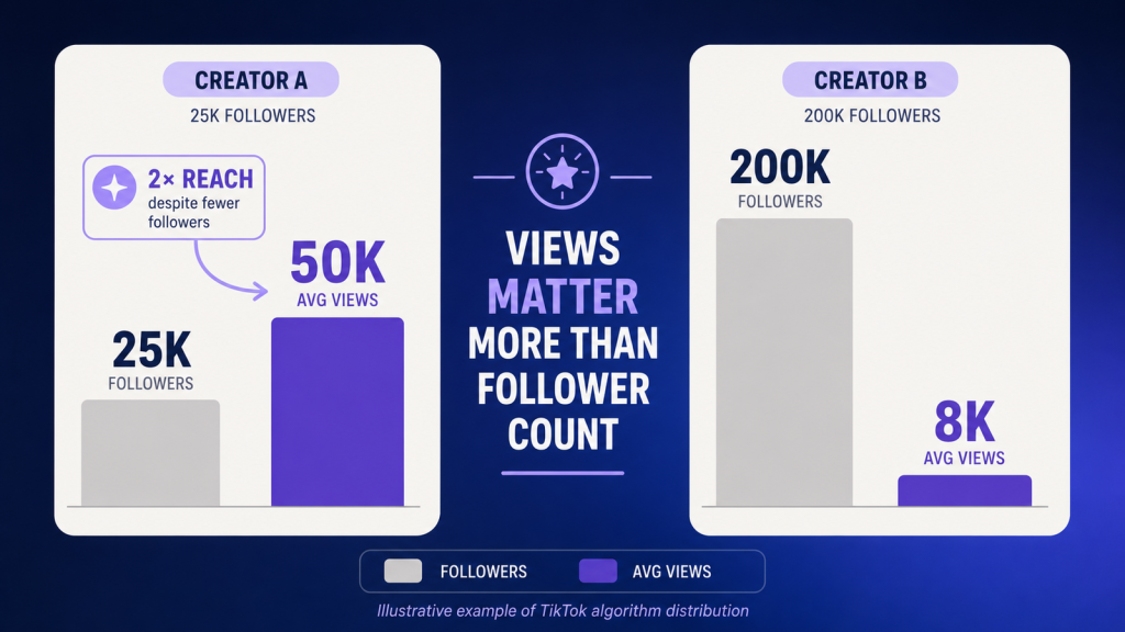 Comparison of two TikTok creators showing that average video views can be a stronger performance signal than follower count.