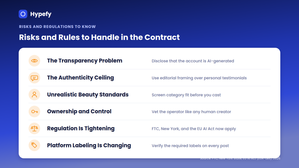Six risks and rules to handle in an AI influencer contract, from AI disclosure and editorial framing to FTC, New York, and EU AI Act labeling.