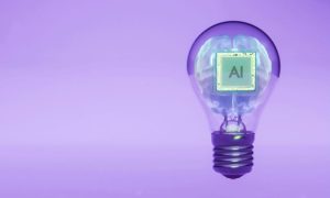 AI chip inside a glowing light bulb on a purple background, representing artificial intelligence ideas and innovation.