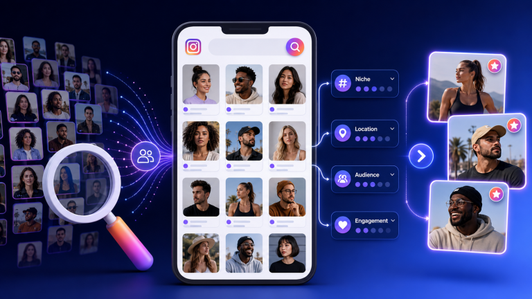 Instagram influencer discovery visual showing niche, location, audience, and engagement filters used to identify relevant creators.