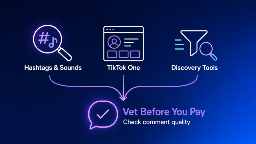 Three ways to find TikTok influencers: manual search, TikTok One, and discovery platforms, followed by an authenticity check based on comment quality.