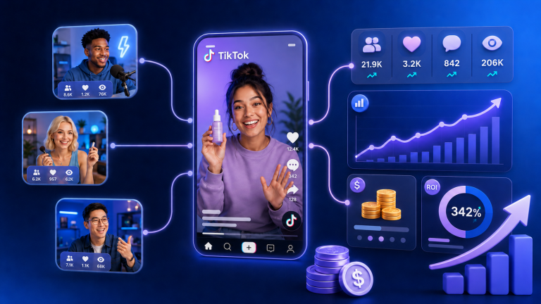 TikTok influencer marketing visual featuring creators, short-form video content, engagement metrics, campaign costs, and ROI growth.