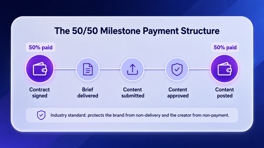 Timeline illustrating a 50/50 milestone payment structure, with 50% paid at contract signing and 50% paid after content is posted.