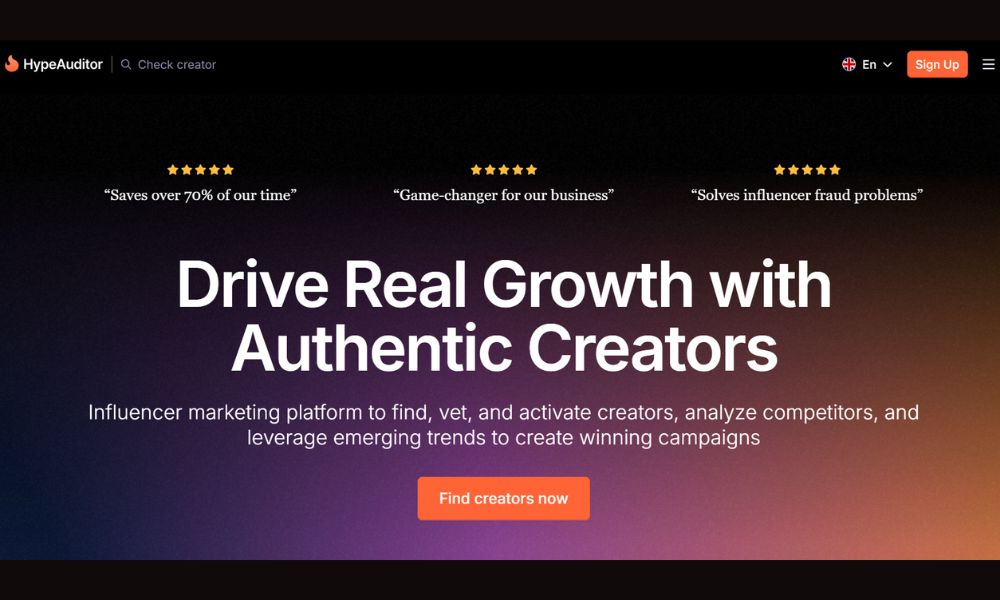 HypeAuditor homepage hero on a dark gradient about driving growth with authentic creators, with five-star testimonials across the top and a Find creators now button.