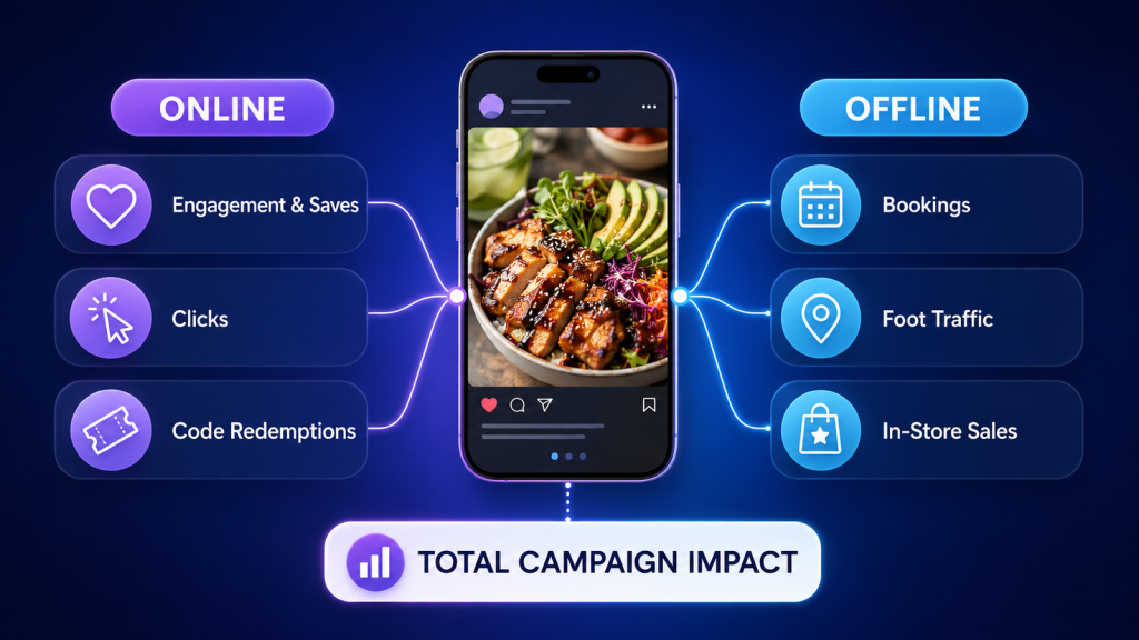 Food influencer campaign measurement showing online metrics such as saves, clicks, and promo codes alongside offline results like bookings, foot traffic, and in-store sales.