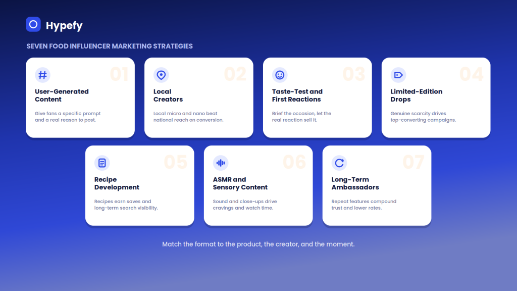 Overview of seven food influencer marketing strategies, each with an icon and a one-line takeaway, from user-generated content and local creators to ASMR and long-term ambassadors.