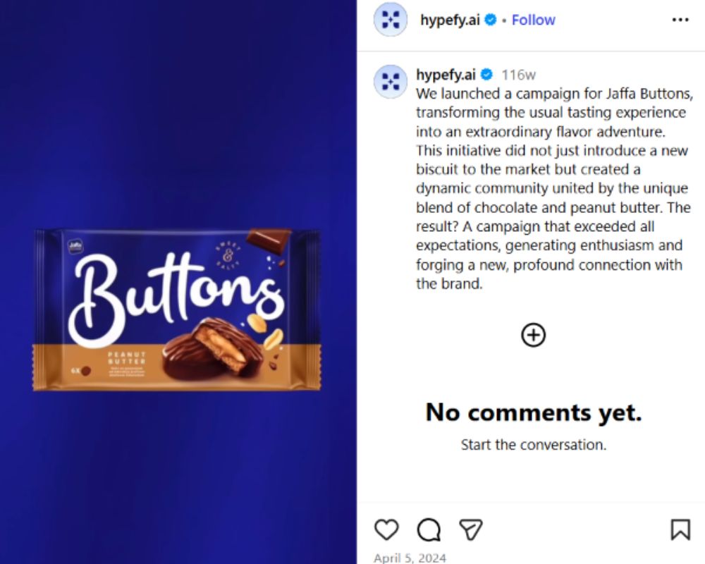 Instagram post from Hypefy showing the Jaffa Buttons product launch campaign.
