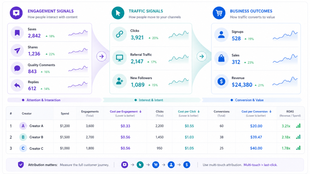 Influencer engagement measurement framework connecting saves, shares, clicks, referral traffic, conversions, revenue, and creator performance costs.